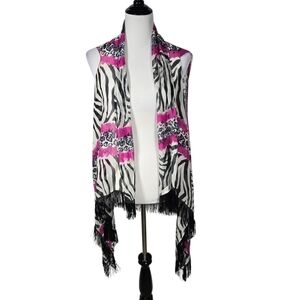 Lavello Cutting Edge OS Zebra & Hot Pink Fringe Open Shawl Convertible Vest